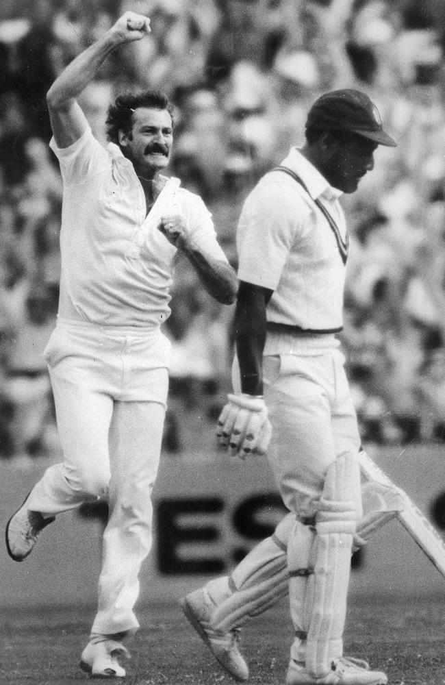 Dennis Lillee celebrates the wicket of Viv Richards in 1981. Picture: Clive MacKinnon