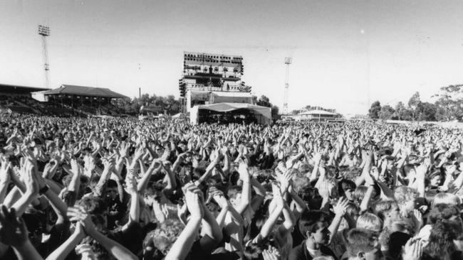 The crowd at The Angels concert at Thebarton Oval in 1990.