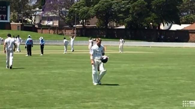 Play was stopped for three minutes as the former Australian vice-captain was consoled in the dressing room. Picture: Nine News