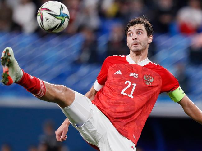 Russia attacking midfielder Aleksandr Erokhin during a World Cup qualifying match against Cyprus in November. Russia is now banned from international football and will not take part in the 2022 World Cup. Picture: Mike Kireev/NurPhoto via Getty Images