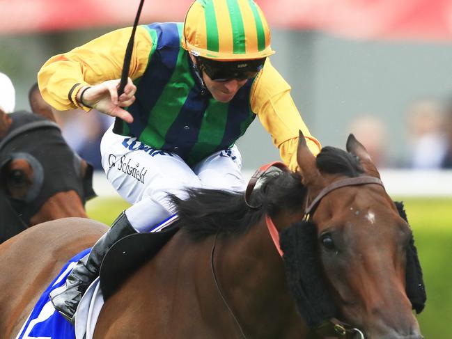 SYDNEY, AUSTRALIA - MARCH 09: Glyn Schofield on Ball Of Muscle wins  race 5 the Hyland Race Colours Challenge Stakes from Kerrin McEvoy on Redzel during Sydney Racing at Royal Randwick Racecourse on March 09, 2019 in Sydney, Australia. (Photo by Mark Evans/Getty Images)