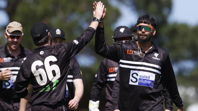 Cricket. CTPL. Nikhil Chaudhary Glenorchy celebrates a wicket. Lindisfarne V Glenorchy. Picture: Nikki Davis-Jones