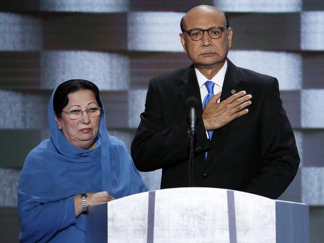 Khizr Khan, father of fallen US Army Capt. Humayun S.M. Khan, and his wife Ghazala appear at the Democratic National Convention in Philadelphia. Picture: AP Photo/J. Scott Applewhite