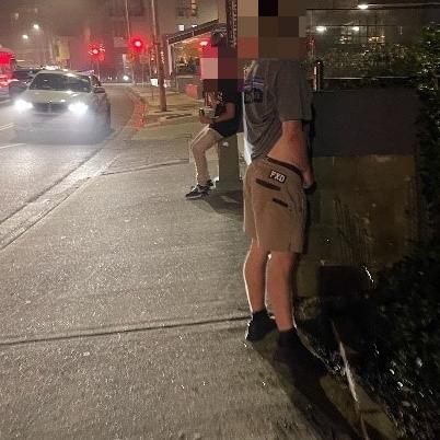 A man photographed urinating on a garden wall of the Matthew Bligh apartment building, in full view of passing traffic. Picture: Supplied