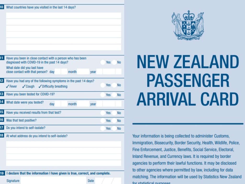 A portion of New Zealand’s new overseas arrivals card.