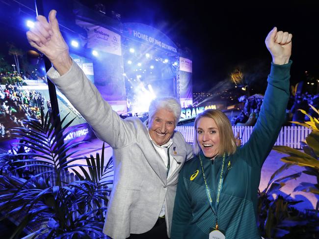 Olympians Dawn Fraser and Sally Pearson pictured at South Bank for the announcement of the 2032 Olympic host nation and city, Brisbane 21st of July 2021.  (Image/Josh Woning)