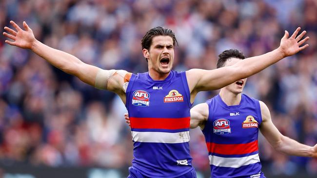 Tom Boyd celebrates a crucial goal in the AFL Grand Final.