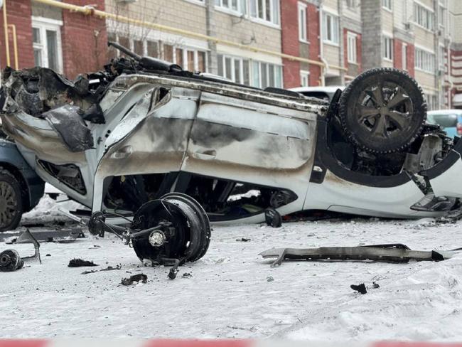 Photo published on the Telegram account of Belgorod governor Vyacheslav Gladkov shows a destroyed car following a missile strike. The Russian city is being evacuated. Picture: @vvgladkov / AFP