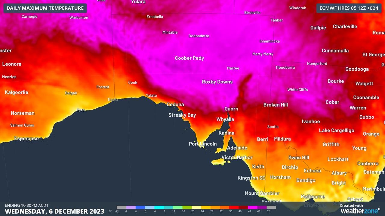 Maximum temperatures in SA on Wednesday. Picture: Weatherzone.