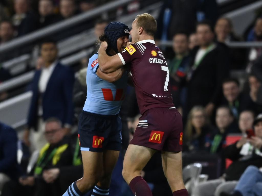 Jarome Luai and Daly Cherry-Evans spark a melee. Picture: NRL Photos/Gregg Porteous