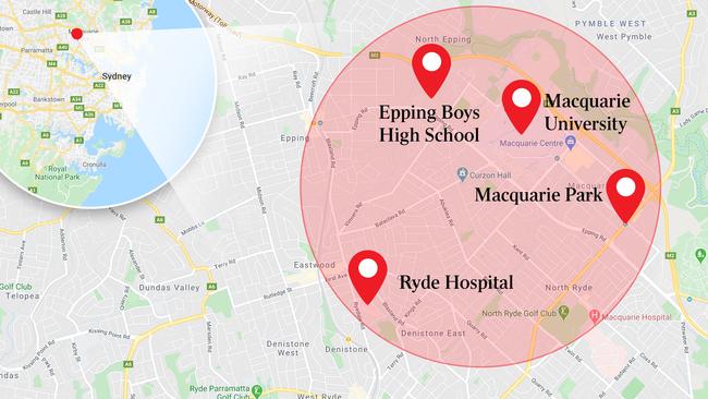 Four locations in the Macquarie Park/Ryde area where coronavirus cases have been discovered.