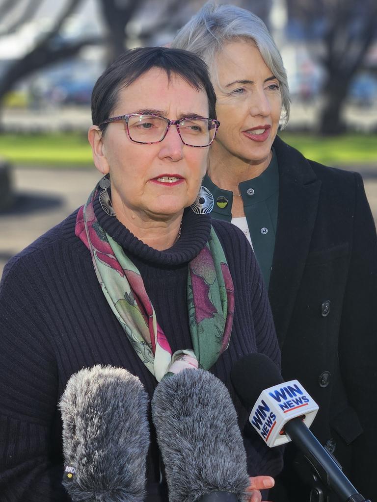 Greens MPs Helen Burnet and Rosalie Woodruff speak to the media on Parliament Lawns in Hobart on Monday July 29, 2024.