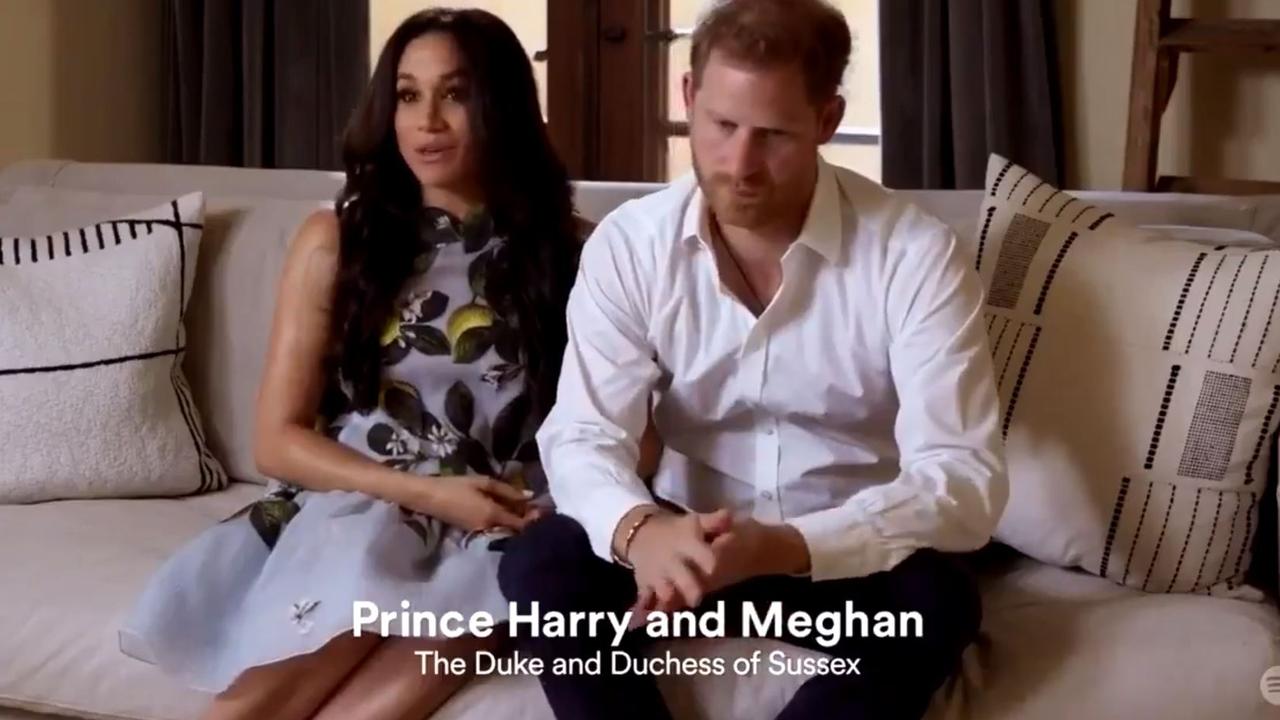 Meghan Markle and Prince Harry made a surprise appearance following their pregnancy news for Spotify’s Stream On event. Picture: Spotify