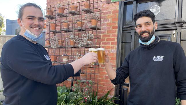 The Public Brewery's Andrew Croucher and Gab Porto have encouraged customers to bring their own bottles — whatever the size — for beer refills. Picture: Kiel Egging.