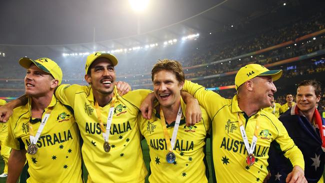 END OF YEAR 2015James Faulkner, Mitchell Johnson and Shane Watson celebrate winning the 2015 ICC Cricket World Cup after defeating New Zealand in the Final at the MCG. Picture: Phil Hillyard