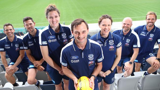 Geelong’s AFLW coaching panel back in 2020: Paul Morgan, Aaron Black, Jess Foley, Paul Hood, Elise Coventry, Dan Lowther and Josh Finch. picture: Glenn Ferguson
