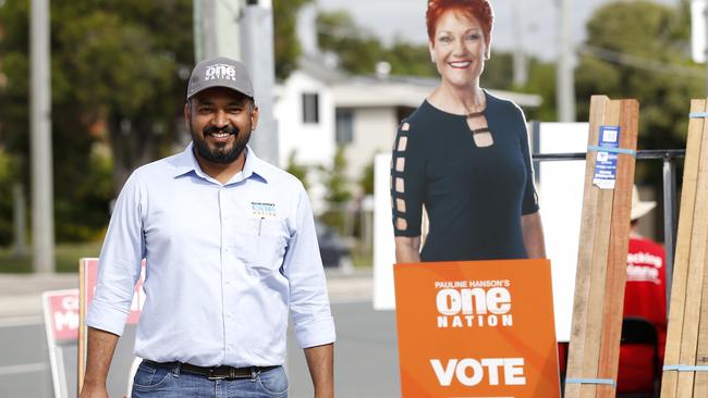 One Nation candidate Nikhil Aai Reddy pictured at the pre polling booth in Kippa-Ring ahead of the 2019 federal election, Brisbane 29th of April 2019. PHOTO: AAP /Josh Woning