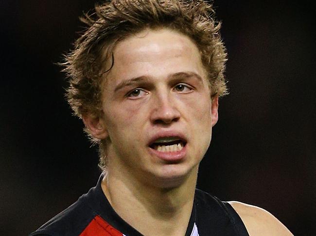 MELBOURNE, AUSTRALIA - AUGUST 10: Jack Billings of the Saints celebrates a goal during the round 20 AFL match between the St Kilda Saints and the Western Bulldogs at Etihad Stadium on August 10, 2014 in Melbourne, Australia. (Photo by Michael Dodge/Getty Images)