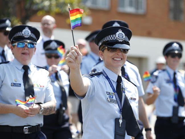 Queensland Police contingent at the Pride Festival Rally held in Brisbane on Saturday, September 23, 2017. Thousands of people are expected to march through Brisbane as part of the annual Pride Festival Rally as the deadline for the marriage equality survey approaches. (AAP Image/Regi Varghese) NO ARCHIVING