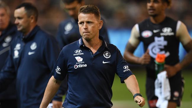 A sombre Blues coach Brendon Bolton during Saturday night’s heavy loss to North Melbourne. Picture: AAP