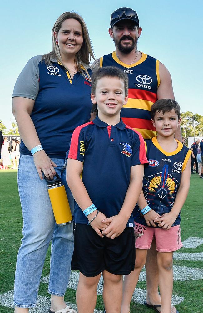 Katie Nicklin, Rhys Nicklin, Kade Nicklin and Cruze Nicklin at the Gold Coast Suns match vs Adelaide Crows at TIO Stadium. Picture: Pema Tamang Pakhrin