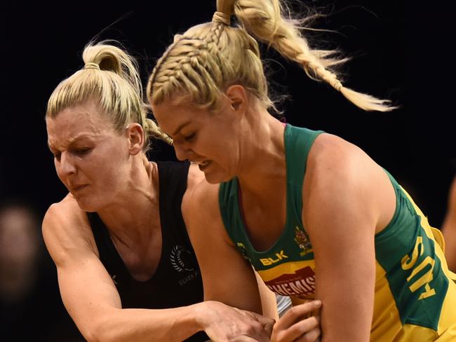 New Zealand’s Katrina Grant and Australia Gretel Tippett battling for the ball in an international earlier this year.