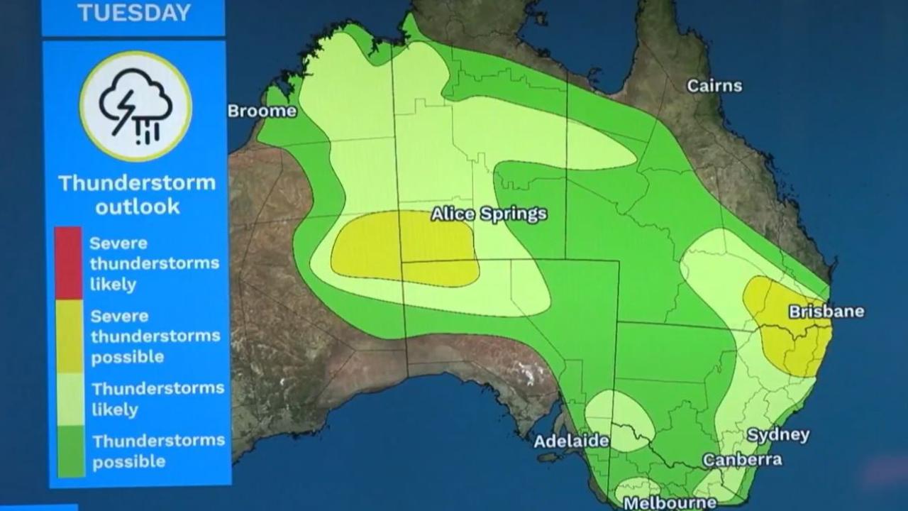 Vast areas of Australia could see storms on Tuesday, some severe. Picture: BOM.