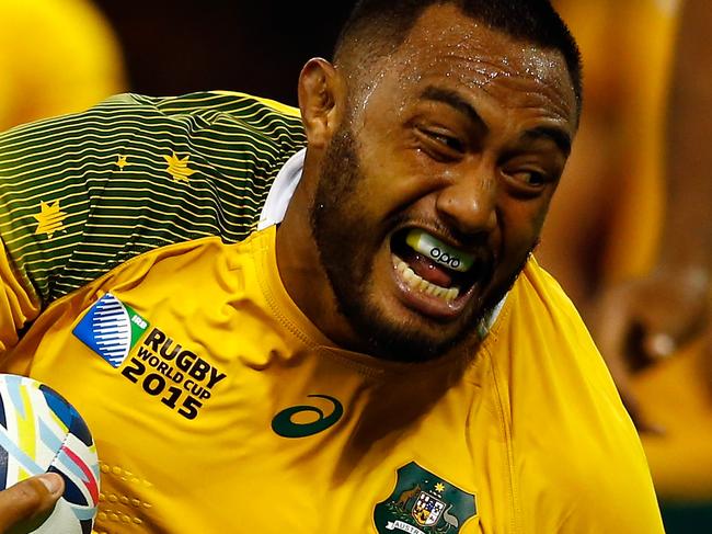 CARDIFF, WALES - SEPTEMBER 23: Sekope Kepu of Australia dives over for his side's thrid try during the 2015 Rugby World Cup Pool A match between Australia and Fiji at the Millennium Stadium on September 23, 2015 in Cardiff, United Kingdom. (Photo by Dan Mullan/Getty Images)