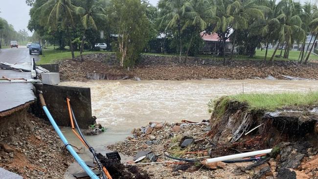 The road near the boat ramp at Hinchinbrook Harbour has crumbled in the North Queensland flooding. Photo from Matt Price via Facebook