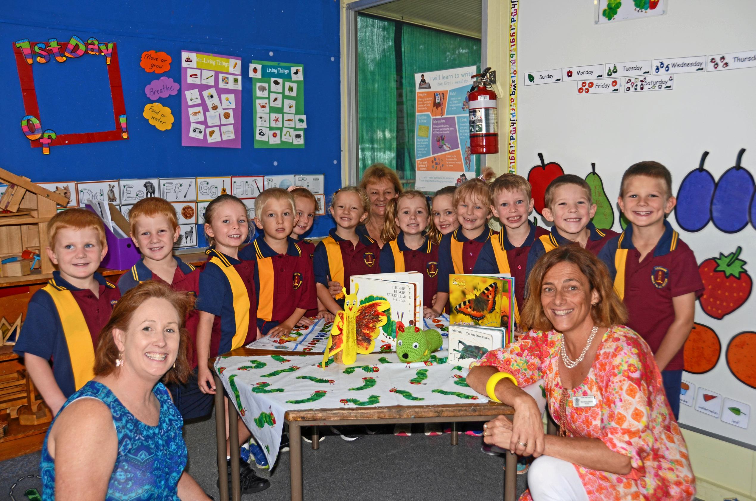Goomeri State School- Will Gollan, Tilda Lehmann, Austin Mawhinney, Jack Mawhinney, Maddison Powell, Landon Richards, Pippa Ross, Lara Schneider, Hayden Stanton, Bryson Thompson, Tarni Webb and Tilly McSweeny are ready to learn at Goomeri State School. Absent: Samuel LewisMs Liz Bobbermien (Teacher), Mrs Simona Brebner (Teacher) and Mrs Vickie Dimmick (Teacher Aide). Vickie is at the back in the middle. Picture: Troy Jegers