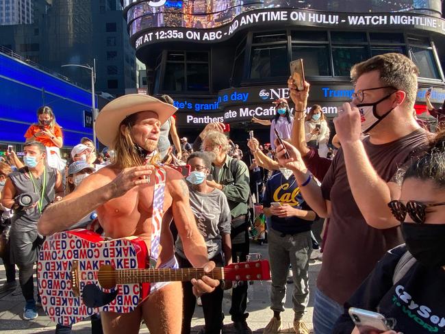 The naked cowboy gets in the spirit. Picture: AFP