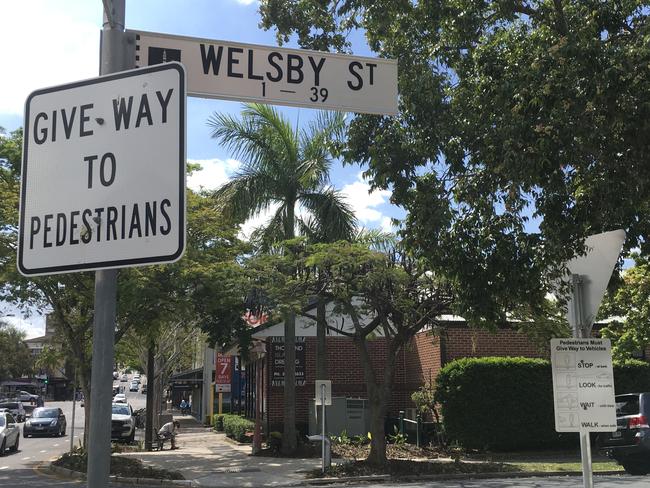 The sign on Welsby Street telling motorists to give way to pedestrians.