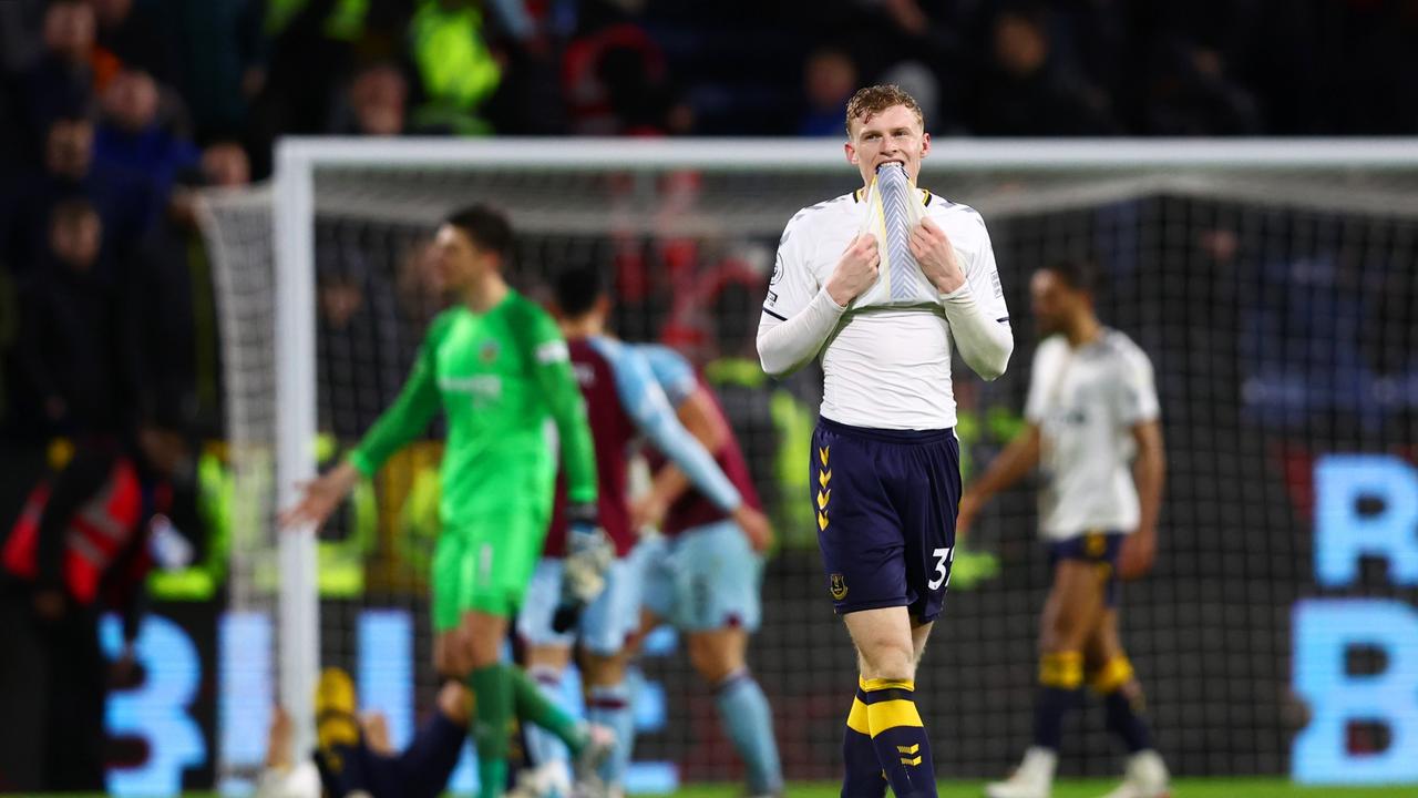 BURNLEY, ENGLAND – APRIL 06: Jarrad Braithwaite of Everton looks dejected following their side's defeat in the Premier League match between Burnley and Everton at Turf Moor on April 06, 2022 in Burnley, England. (Photo by Clive Brunskill/Getty Images)