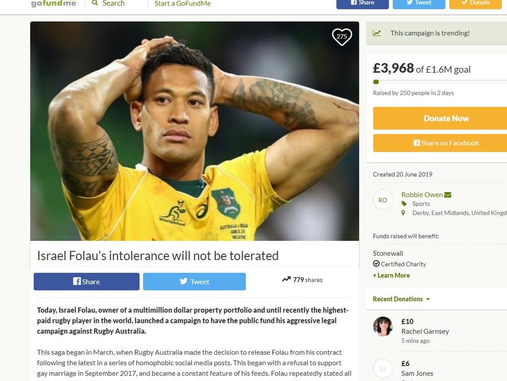 A counter GoFundMe campaign has been launched against Israel Folau.