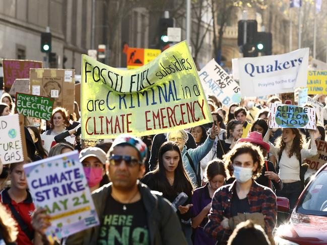 MELBOURNE, AUSTRALIA - NewsWire Photos MAY 21, 2021:  Protesters are seen during the School Strike 4 Climate protest in Melbourne, Victoria. Picture: NCA NewsWire / Daniel Pockett