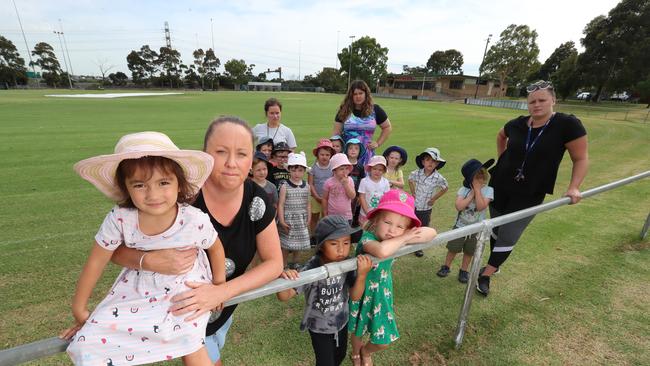 McLean Kindergarten and Day Care co-ordinator Andy Laughlin with kinder students (front) Sarah, 4, Avery, 5 and Frankie, 4, and other teachers (at rear) Courtney Barbor, Saige Campbell and Stephanie Morrish. Picture: Alex Coppel