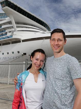 Latvian couple Ivea Jirgena and Edvins Elferts, who arrived on the Golden Princess cruise ship, took advantage of the warm weather to explore Russell Falls and local vineyards. Picture: LUKE BOWDEN