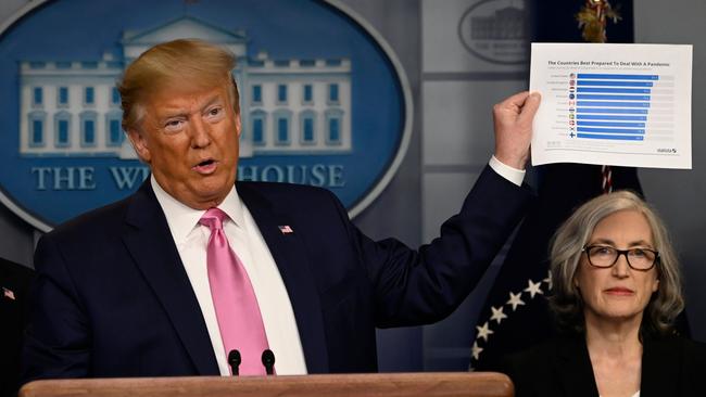 Mr Trump during a conference on countries best equipped to deal with the pandemic in February. Picture: AFP