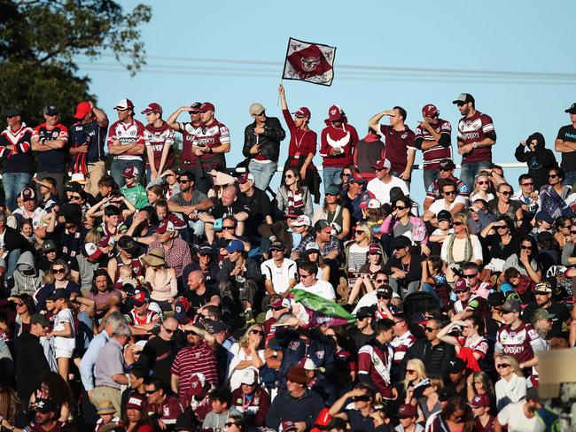 Sea Eagles supporters pack the Brookvale Oval hill for the recent win over Sydney Roosters. Picture: Phil Hillyard