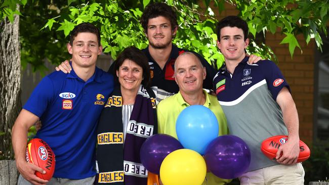 Debra and Mark Brayshaw with their three AFL-player sons. Picture: David Smith