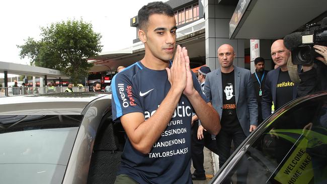 Hakeem al-Araibi just after arriving at Melbourne Airport today. Picture: Scott Barbour/Getty