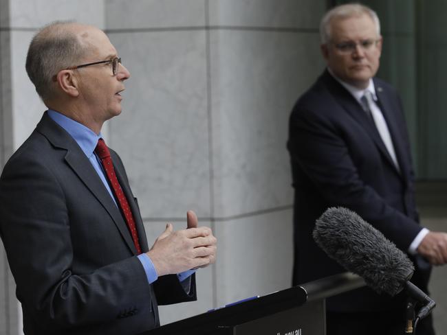 Acting Chief Medical Officer Paul Kelly and Scott Morrison. Picture: Sean Davey