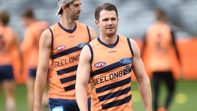 Patrick Dangerfield is seen at Cats training at GMHBA Stadium in Melbourne, Wednesday, May 29, 2018. (AAP Image/Julian Smith) NO ARCHVING