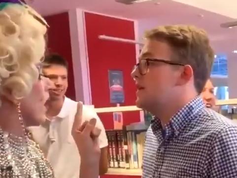 Wilson Gavin (right) leading a chant against a drag queen reading to children at at library in Queensland. Picture: twitter https://twitter.com/corydunco/status/1216263106470367232