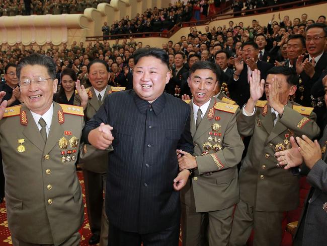 North Korean leader Kim Jong-un attends an art performance dedicated to nuclear scientists and technicians who worked on a hydrogen bomb. Picture: KCNA/AFP