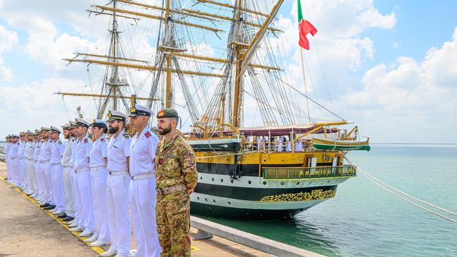 Italian navy training ship Amerigo Vespucci has docked in Darwin, with a welcoming ceremony to mark the ships first return to Australia in more than 20 years. Picture: Supplied.