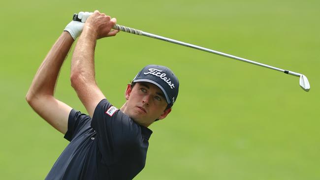 NEW DELHI, INDIA - MARCH 28: Elvis Smylie of Australia plays his second shot on the 10th hole during day one of the Hero Indian Open at DLF Golf and County Club on March 28, 2024 in Singapore. (Photo by Luke Walker/Getty Images)