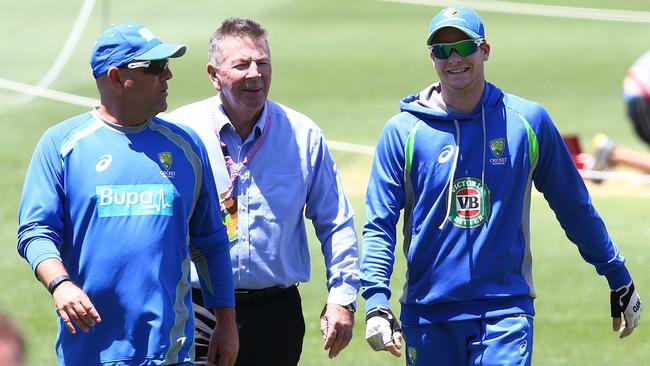 (l-r) Australian coach Darren Lehmann, former chairman of selectors Rod Marsh and Australian captain Steve Smith.