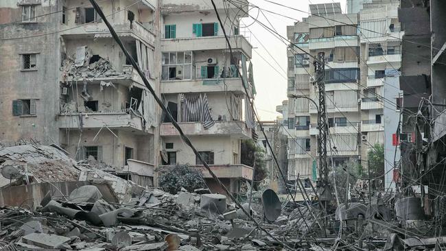 A picture shows the destruction at the site of an Israeli air strike that targeted Beirut’s southern suburbs neighbourhood of Haret Hreik. Picture: AFP