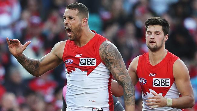 Sydney’s Lance Franklin celebrates one of his four elimination final goals. Picture: Phil Hillyard